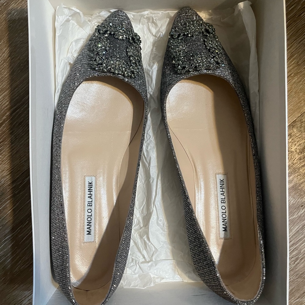 Manolo Blahnik Hangisi Flats in silver glitter fabric with crystal buckle, 39.5